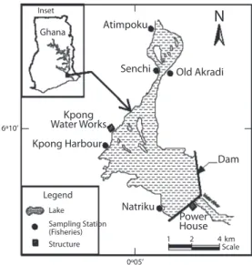 Fig. 1. Kpong Headpond, lower volta River, Ghana  showing sampling stations (adapted from Dankwa 1982).