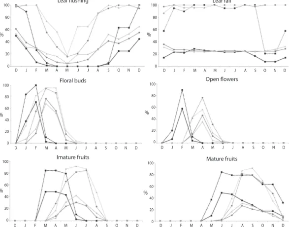 Fig. 2. Graphic representation of Fournier’s percent index of intensity (full line) and the activity index (dotted line) of  vegetative (A and B) and reproductive phases (C to F) of Senna multijuga at Itatiaia National Park (black  ) and the  Environmental