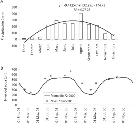 Fig. 2. A variación de la pluviosidad mensual. B variación de los niveles de la ciénaga.