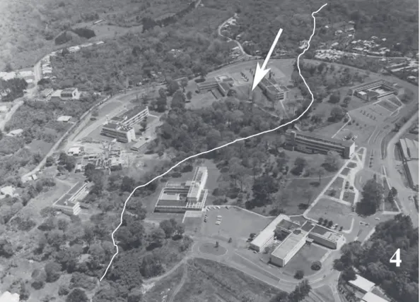 Fig. 4. Aerial photo of the UCR campus under development in the 1960’s. The Leonelo Oviedo Ecological Preserve (RELO)  in the middle includes a few young trees