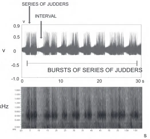 Fig. 3. A). Centruroides margaritatus, burst of series of judders, the temporal structure of the song ranges from 450-562 Hz  (spectrogram) [amplitude (v) vs