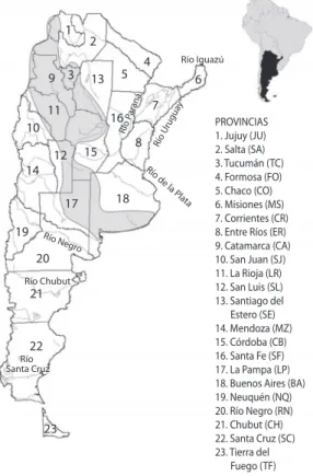 Fig. 1. República Argentina con los principales ríos y pro- pro-vincias. Área gris: Zona de Transición.