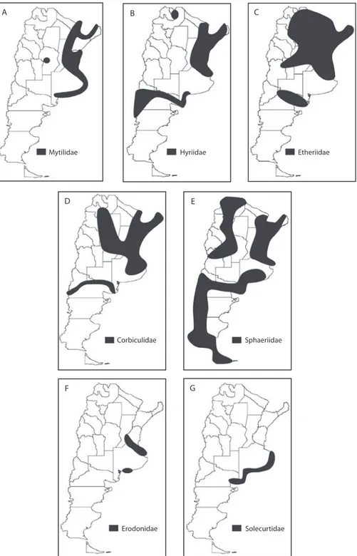 Fig. 3. Distribución de cada familia de Bivalvos dulceacuícolas en la República Argentina.