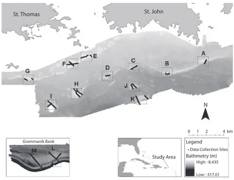 Fig.  1.  Study  area.   The  locations  of  investigated  reef  areas  (A-M)  are  denoted  by  boxes