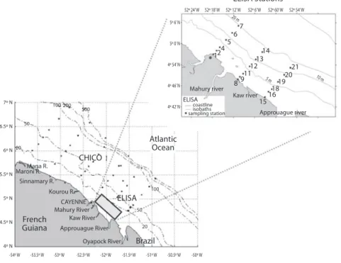 Fig.  2.  Sampling  areas  in  estuarine  (Mahury  –  M,  Kaw  –  K  &amp; Approuague  – A,  “ELISA  Estuaries”),  coastal  (“ELISA  Coastal”, see detailed figure with stations) and shelf waters (CHICO-1 cruise), French Guiana (2001-2004).