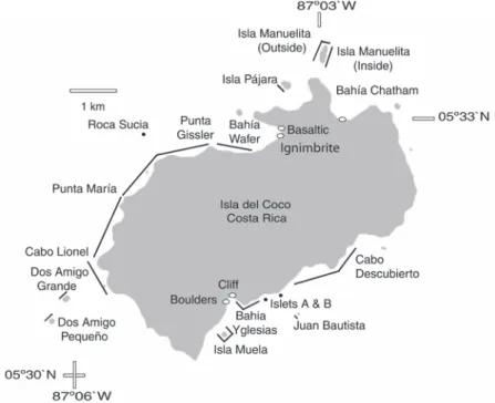 Fig. 1. Study sites of the intertidal rocky shore at Cocos Island. January 2007. Open circles are quadrat sampled sites