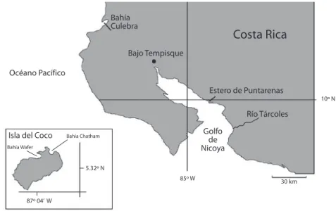 Fig. 1. Ubicación de regiones de muestreo, en la costa del Pacífico de Costa Rica y en la Isla del Coco.