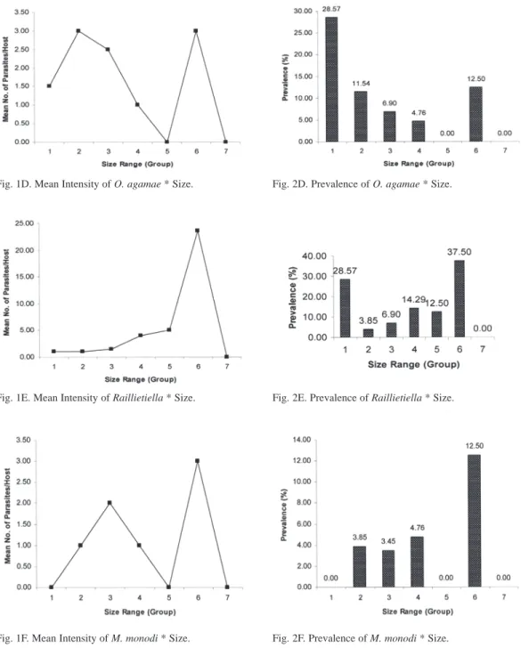Fig. 1D. Mean intensity of O. agamae * Size.  Fig. 2D. Prevalence of O. agamae * Size.