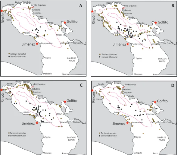 Fig. 1. Áreas de distribución asociadas con el comportamiento alimentario (a), de desplazamiento (b), social (c) y de mero- mero-deo (d) del bufeo (puntos claros) y el delfín manchado (puntos oscuros) en el Golfo Dulce