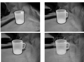 Fig. 6 Initial data extraction. Sequence of object views, with extraction of relevant features, followed (bottom-right image) with a rough object reconstruction.