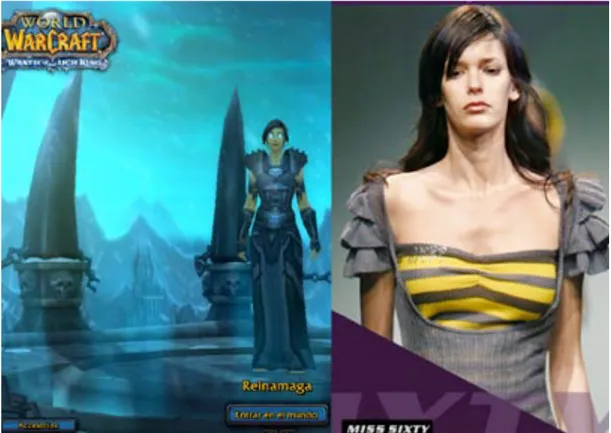 FIgura 5.  A la izquierda, el avatar del autor del World of Warcraft, Reinamaga. A la derecha, una  instantánea de la pasarela de la marca de moda italiana, Miss Sixty.