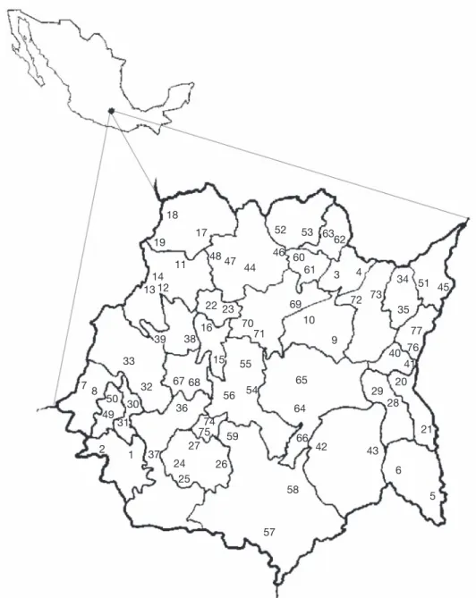 Fig. 1. Localización del área de estudio. Los sitios de recolección (1 a 77) corresponden a las localidades indicadas en el  Cuadro 1.