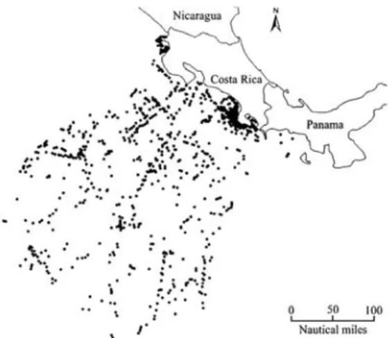 Fig. 2. Overall distribution of cetacean sightings from 1979  to 2001 in the Exclusive Economic Zone of the Pacific of  Costa Rica.