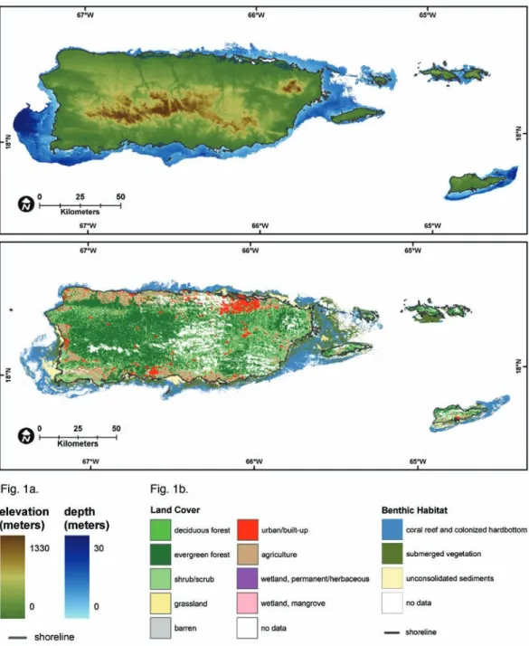 Fig. 1. (a) Bathymetry and elevation (terrain) and (b) Land cover and benthic habitat (cover) mapping for Puerto Rico and  the U.S