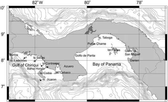 Fig. 1. Pacific waters of Panama: depth contours and main features. Localities are identified in the text in relation to the main  features and by indicating their coordinates the first time they are mentioned.