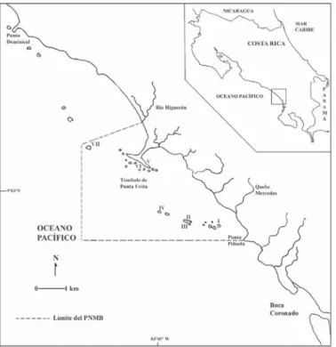 Fig.  1.  Ubicación  del  Parque  Nacional  Marino Ballena y localización de los sitios  de muestreo: (I)  Rocas las Tres Hermanas; 