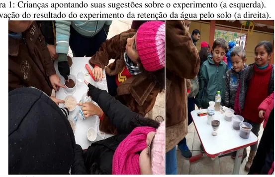 Figura 1: Crianças apontando suas sugestões sobre o experimento (a esquerda). 