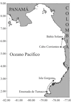Fig. 1. Localización de las áreas en donde fueron detecta- detecta-dos los eventos de marea roja durante los años 2001 y 2002 en el Océano Pacifico colombiano