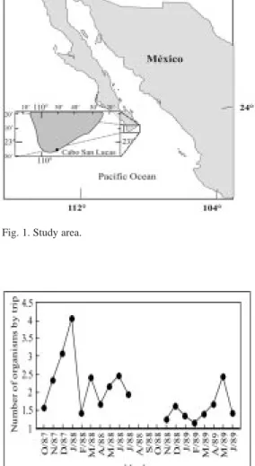 Fig. 2. Number of organisms per trip monthly average of marlin caught in the area of Los Cabos, B.C.S