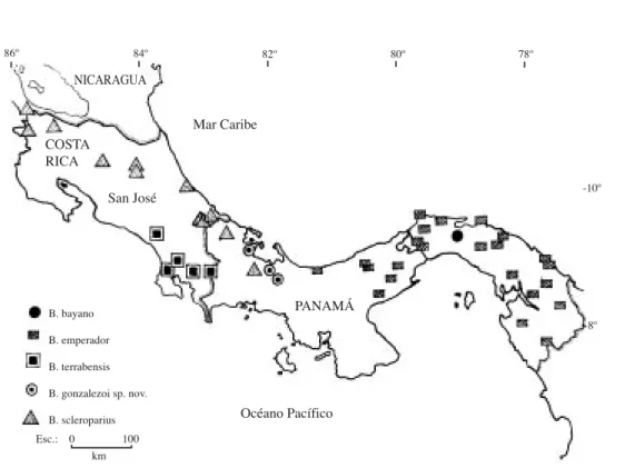 Fig. 4. Distribución geográfica de las especies del género Bryconamericus para Centroamérica.