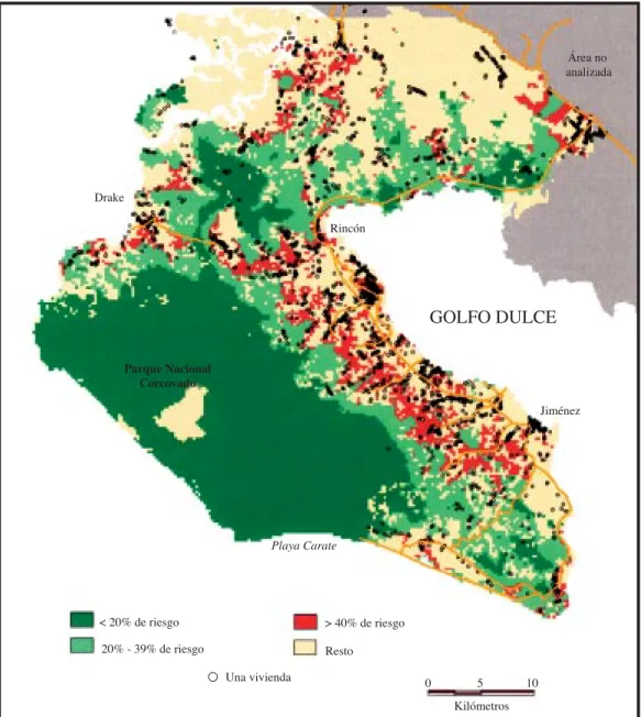 Fig. 3. Riesgo de deforestación por presión demográfica, Osa, 1995 - 2010.