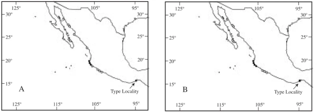 Fig. 1. Sampling localities of genus Dynoides along the Pacific coast of Mexico. A) D