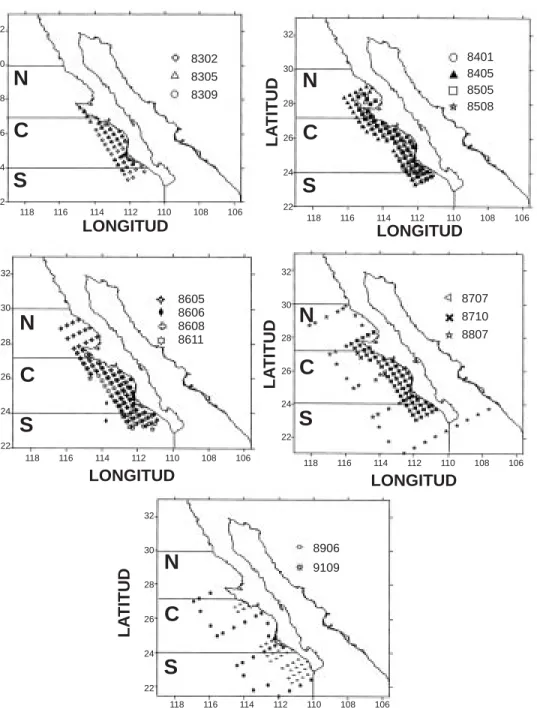 Fig. 1. Red de estaciones oceanográficas del CICIMAR en la costa occidental de Baja California, 1983-1991