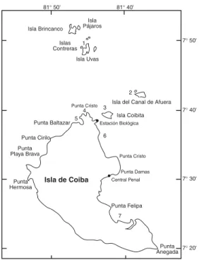 Fig. 1. Parque Nacional de Coiba y estaciones de mues- mues-treo:  1:  Arrecife de Uvas