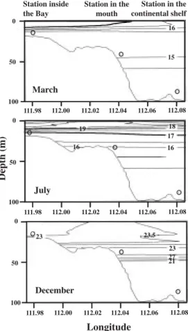 Fig. 2. Temperature-salinity diagram of transects during March (black circles), July (white circles), and December (black triangles) 1996.