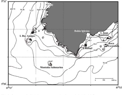 Fig. 3. Contornos batimétricos en metros al sudoeste de la Isla del Coco. 