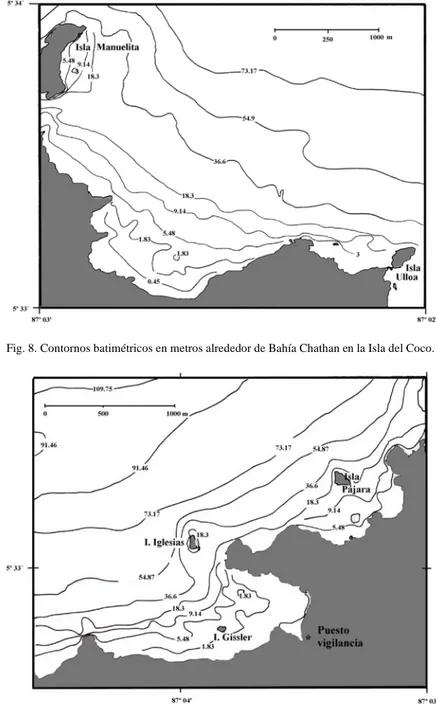 Fig. 8. Contornos batimétricos en metros alrededor de Bahía Chathan en la Isla del Coco