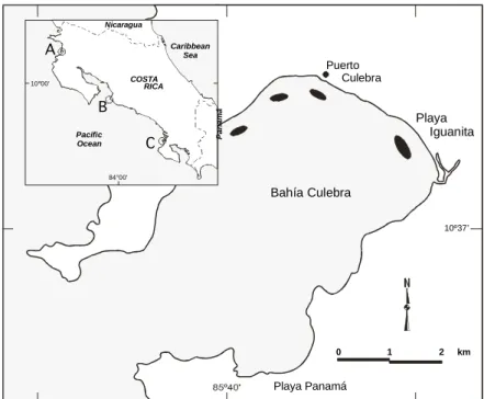 Fig. 1. Seagrass beds in Bahía Culebra, Guanacaste (dark areas), and other localities in Costa Rica (inset, in circles): 