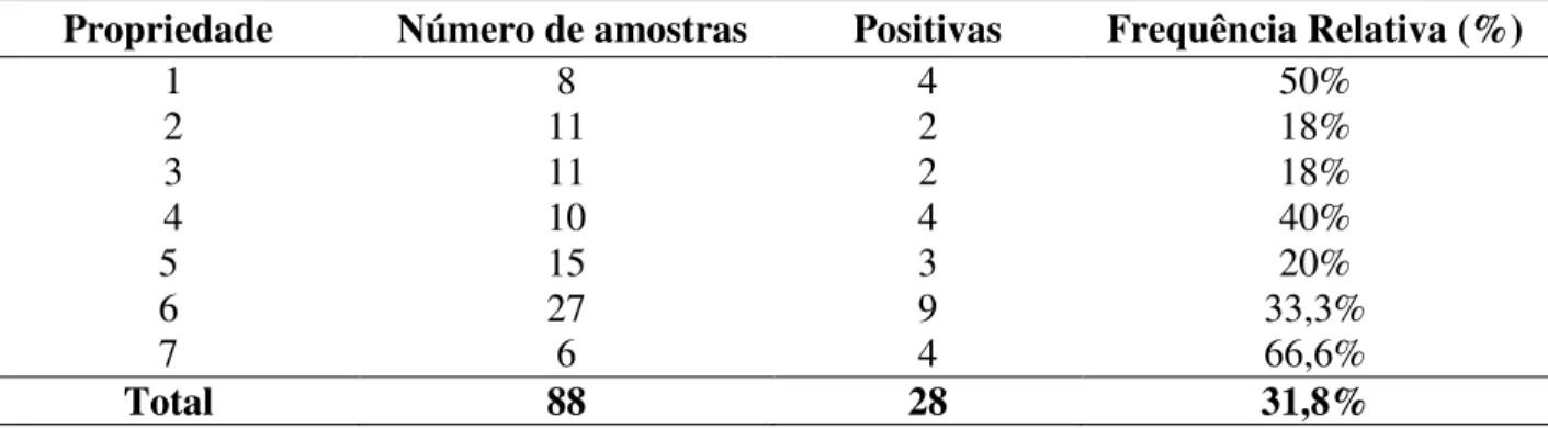 Tabela 1. Frequência relativa de Parascaris spp., em éguas em idade reprodutiva em  propriedades localizadas na região de Pelotas/RS