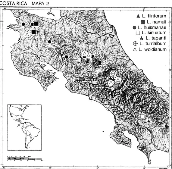 Fig. 3 1 .  Mapa 2, con la distribución conocida de los adultos de  L.  fljmorum, L. hamuli,  L