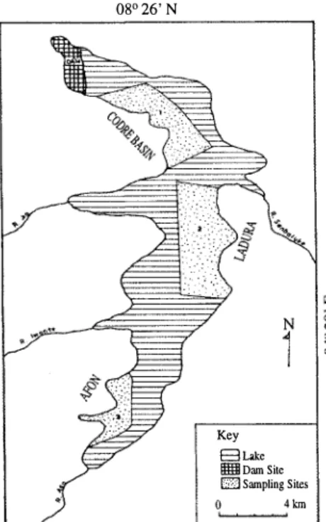 Fig. 1. Asa lake,  !he dam and sampling sites. 