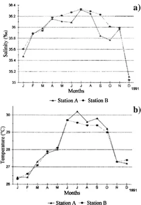 Fig.  1.  Salinity  (a)  and  temperature  (b)  in  the  Puerto  More1os  coral reef 1agoon during 1991