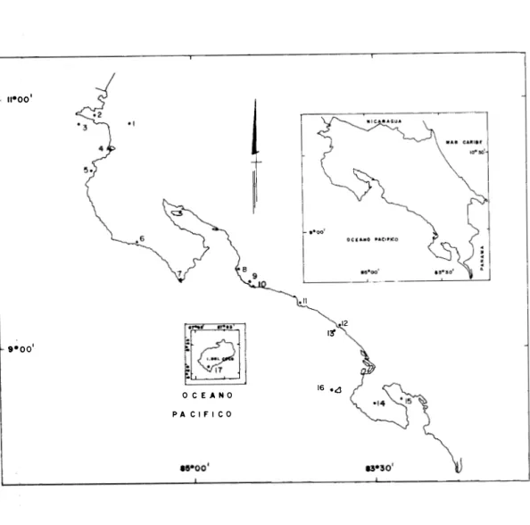 Fig.  :1 .  Costa  Pacífica  de  Costa  Rica,  con  indicación  de  las  localidades  mencionadas  en  el  texto