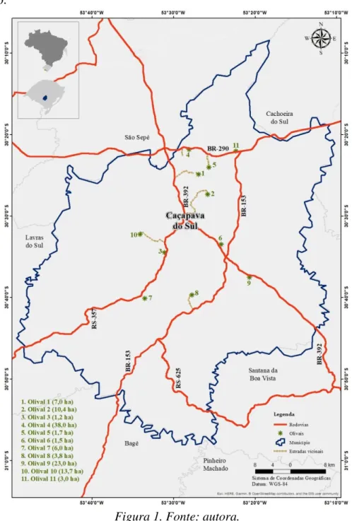 Figura 1 ± Mapa de localização dos olivais do município de Caçapava do Sul (RS) em escala  de 1:270.000