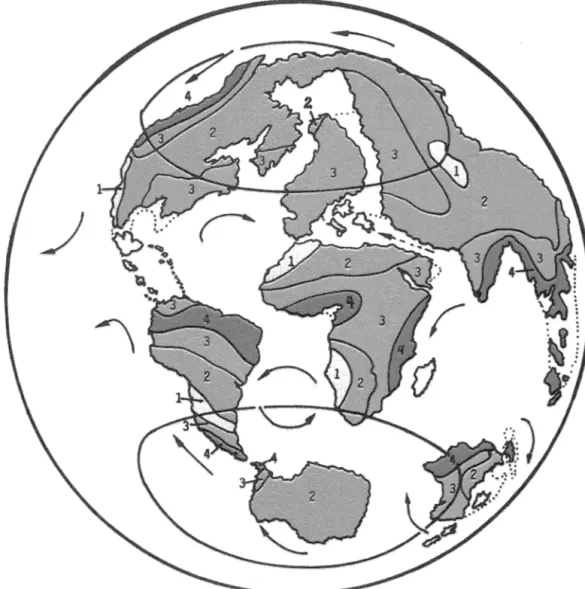 Fig.  8.  Eocene  (54-38  [l1ybP). Key to climate and vegetation as in Fig. 2. Summary of ecology