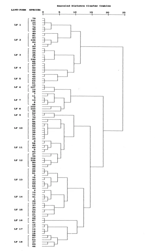 Fig.  1.  Dendrogram  with the  agglomerative schedule oC the c1assification of  107  species  from the  semíarid valley  of  Zapotitlan, Mexico into 18life-forms (indicated  by  LF#)  using Ward's method