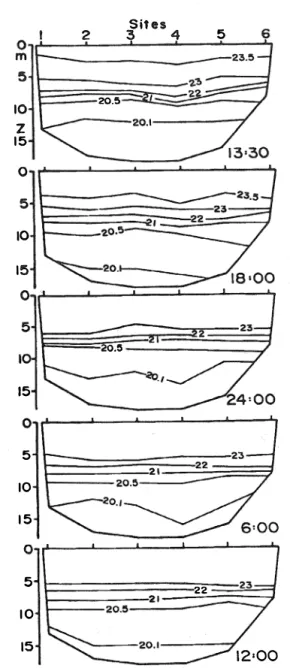 Fig.  2  Isotbenns  at  su  stations  in  a  transect  across  Cerro  Otato lake al different times of  day (29,30  June  1992)
