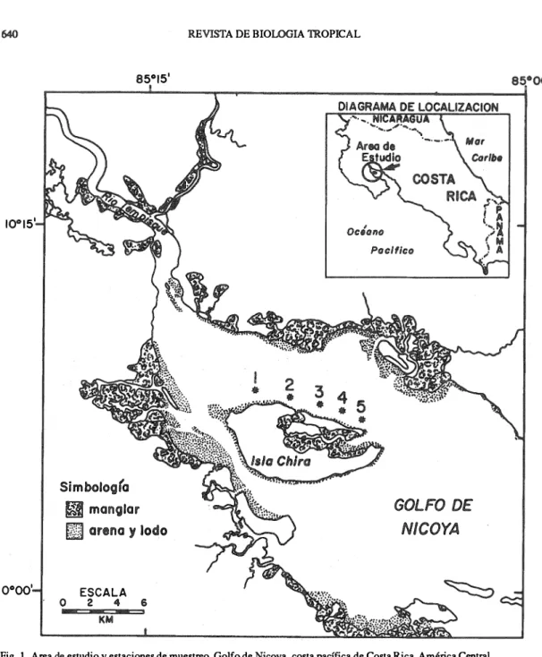 Fig.  1.  Area de estudio y estaciones de muestreo, Golfo de Nicoya. costa pacífica de Costa Rica, América Central