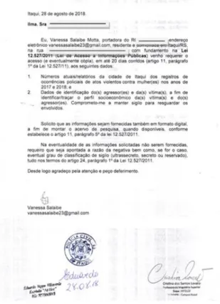 Figura 1 ± Requerimento para acesso a informações junto à Delegacia Civil de Itaqui/RS 