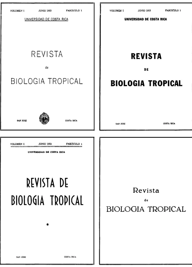 Fig.  2.  Cuatro  carátulas  propuestas  originalmente  para  la  Revista  de  Biología  Tropical  (se  eligió  una  ligera  modificación  de  la que  aparece  arriba a la derecha)