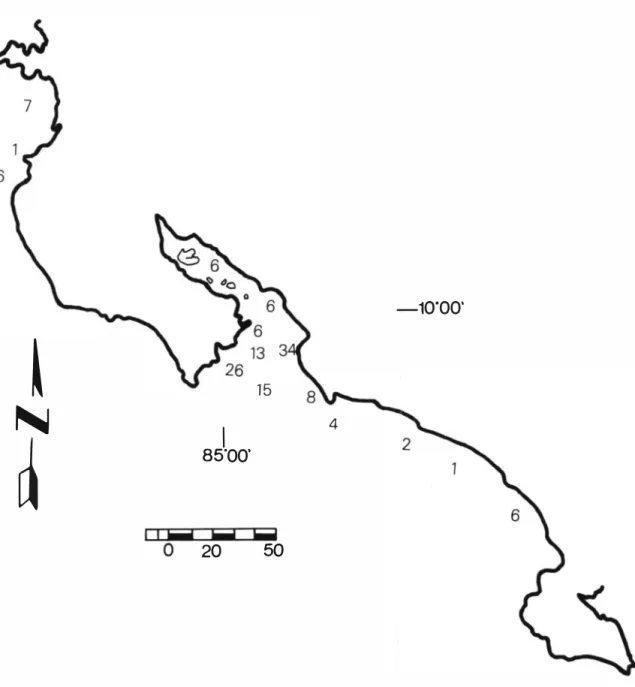 Fig.  l .  Localidades de  muestreo.  Los  números indican la cantidad de lances en  cada  localidad  (Costa pacífica  de Costa  Rica)