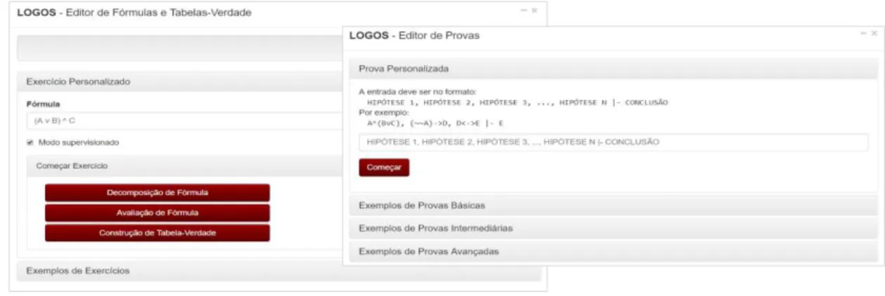 Figura 2 e 3 ± Interfaces dos editores de fórmulas e tabelas-verdade e de provas 