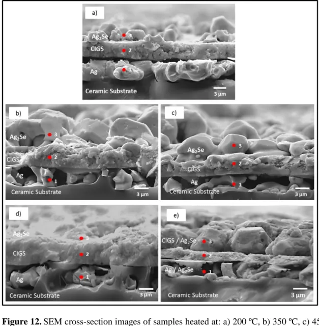 Figure 12. SEM cross-section images of samples heated at: a) 200 ºC, b) 350 ºC, c) 450  311 