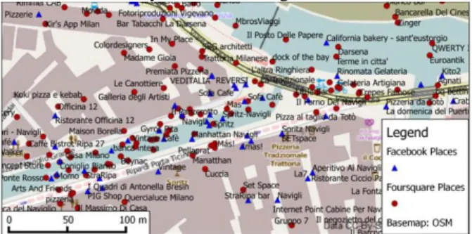 Fig. 2: Many Facebook and Foursquare place data are  erroneously located in Navigli canal, Milan 