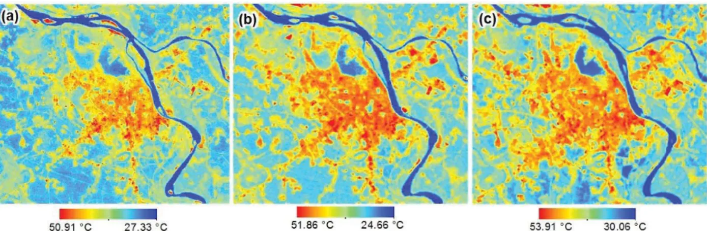 Figure 3 shows the study area LST patterns in 2003, 2007, and 2015, respectively. LST  ranged from 27.33  o C to 50.91  o C across the city in 2003, from 24.66  o C to 51.86  o C in 2007,  and from 30.06  o C to 53.91  o C in 2015