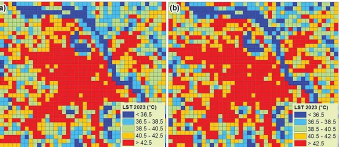 Figure 6: Map of predicted LST in 2023 at different simulation scenarios (a: LST in 2023 in  low growth scenario, b: LST in 2023 in high growth scenario)